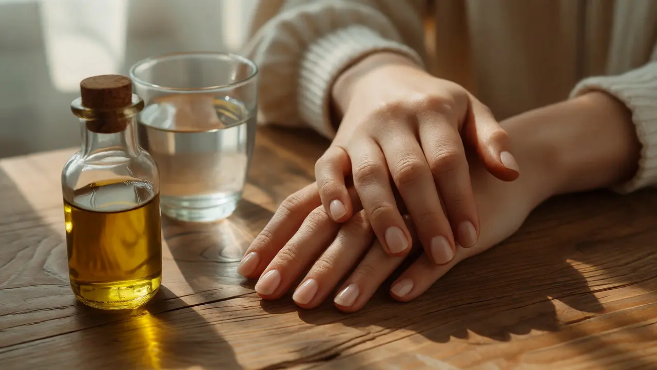 Zdravé, hydratované ruce s lesklými nehty vedle lahvičky oleje