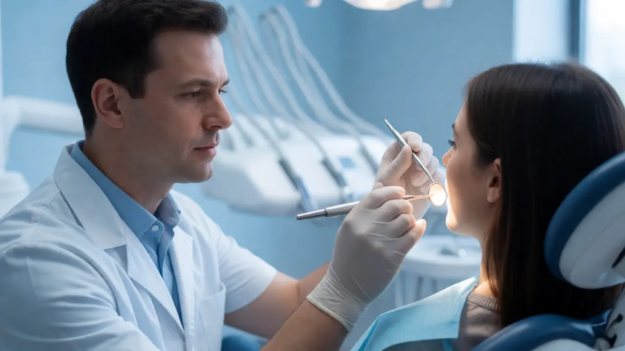 Zubař vyšetřuje lymfatické uzliny a ústní dutinu pacienta při preventivní kontrole.
