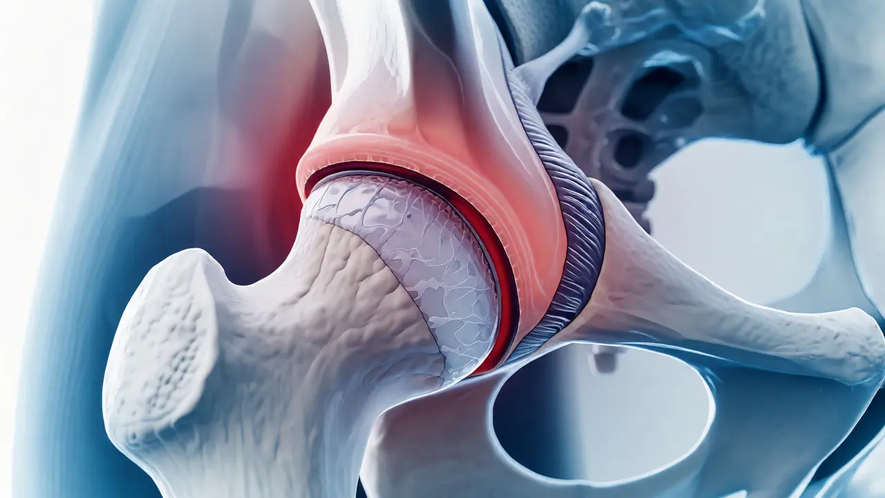 Anatomický řez kyčelním kloubem ukazující opotřebovanou chrupavku a zánět kostí.