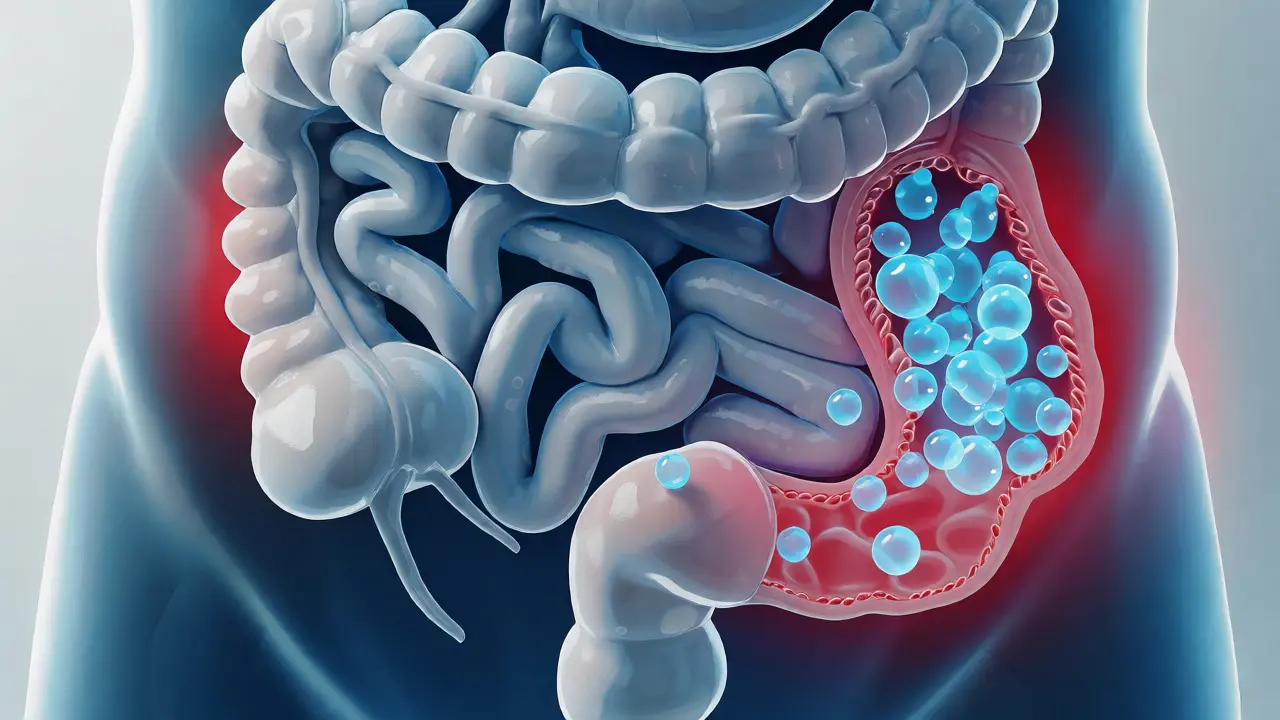 Ilustrace trávicího traktu s účinkem nadbytku vitamínu C na střevo
