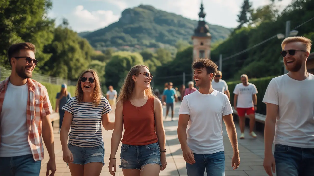 Skupina přátel bavících se na procházce bez alkoholu v přírodě