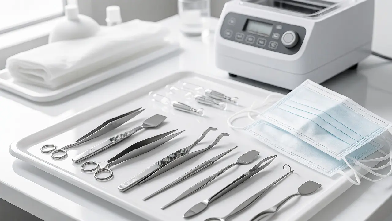 Sterilizované kosmetické nástroje a jednorázové materiály na čistém pracovním stole.