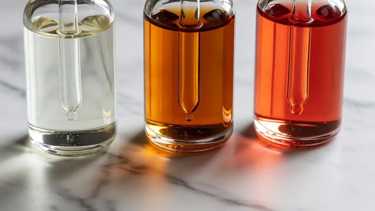 Tři lahvičky olejů: skvalan, argan a růže šípková
