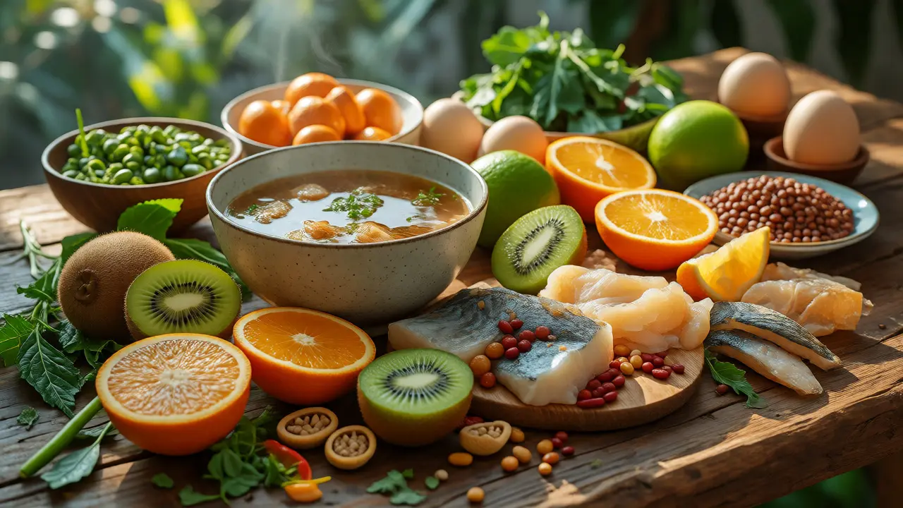 Zdravá jídla bohatá na bílkoviny a vitamín C pro tvorbu kolagenu