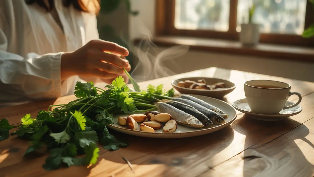 Zdravý jídelní stůl s koriandrem, brazilskými oříšky a malými rybami pro detoxikaci