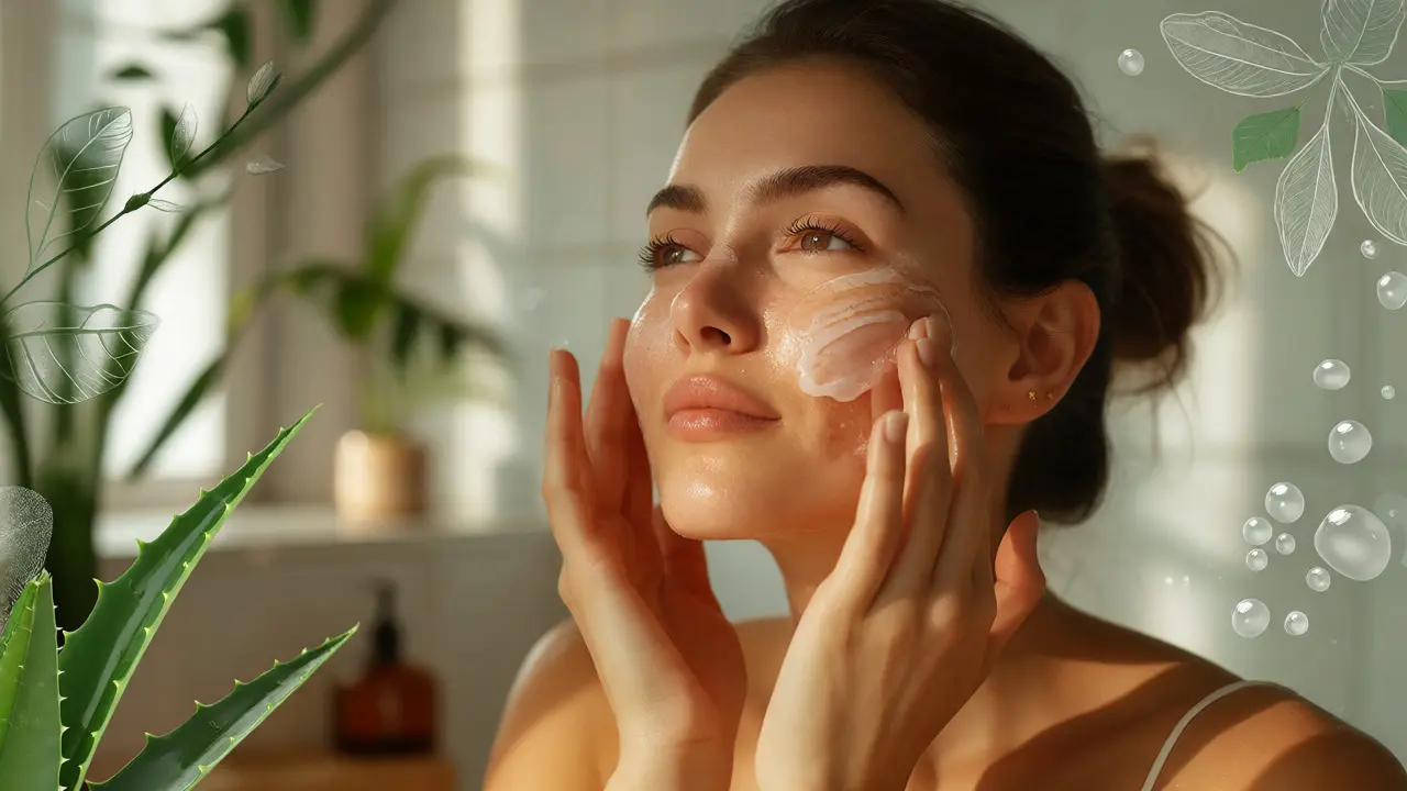 Žena nanáší hydratační aloe vera gel na obličej v klidném prostředí