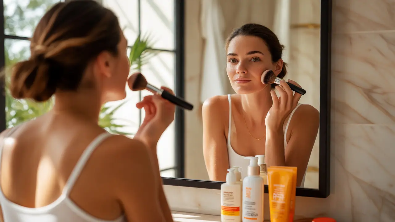 Žena nanáší minerální make-up štětcem po ošetření pleti