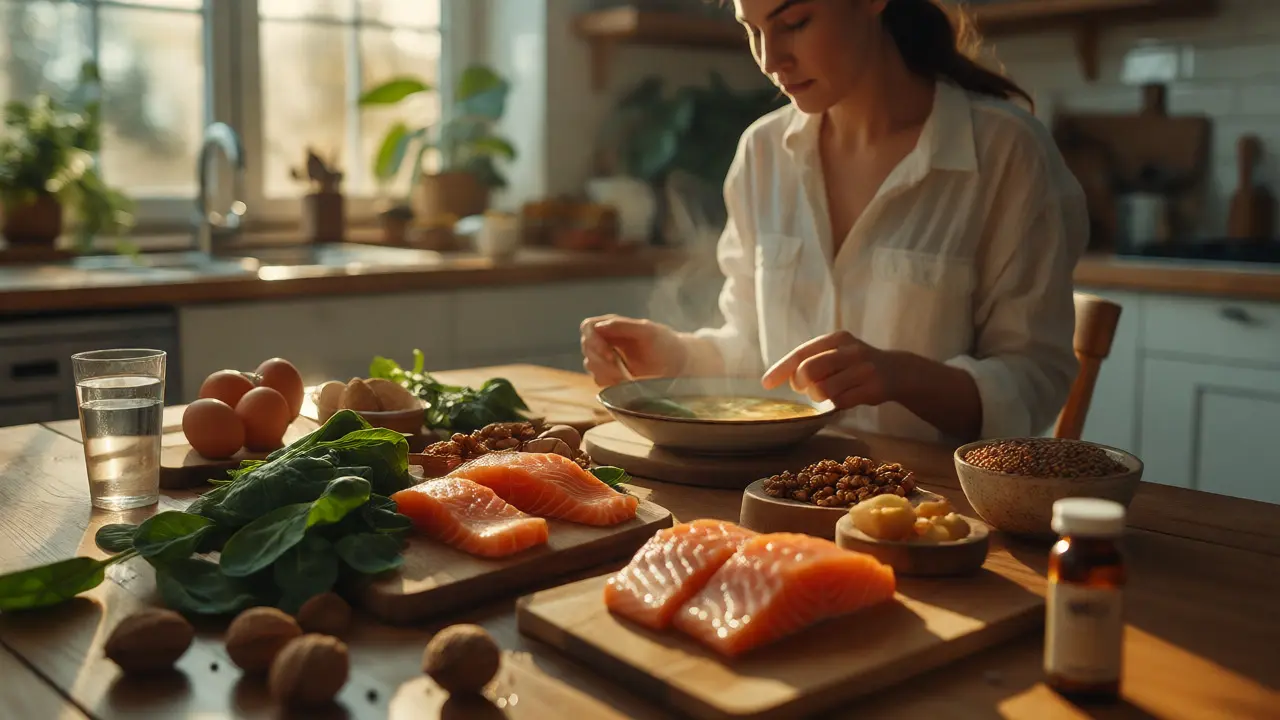 Žena připravující jídlo bohaté na bílkoviny a omega-3 pro zdraví vlasů